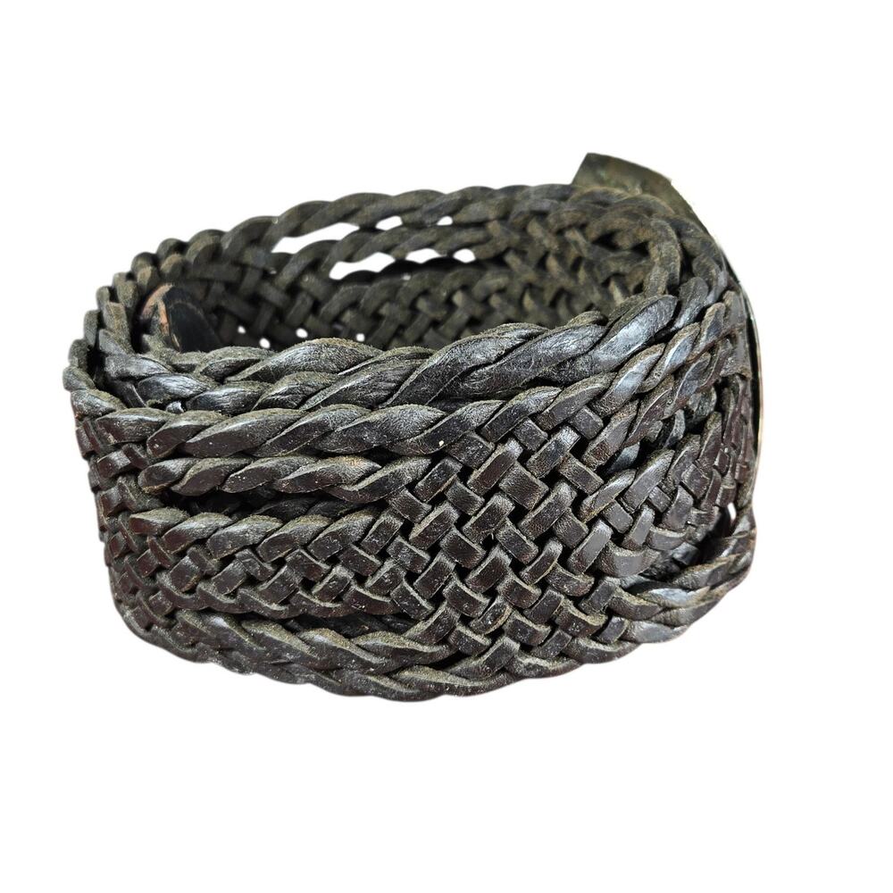 Womens Wide Braided Leather Belt Brown Western Boho Hammered Mixed Metal Buckle - Picture 5 of 10